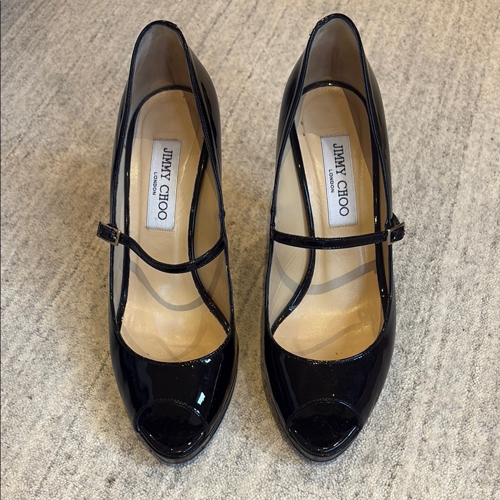 Jimmy Choo black patent peep toe heels